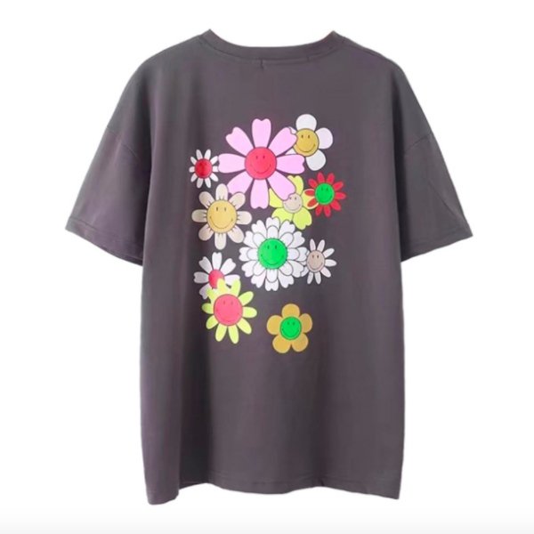 【大特価】チャコールグレー スマイリー 花柄 フラワー スマイル Tシャツ 半袖 ロゴ バックプリント トップス カットソー 韓国