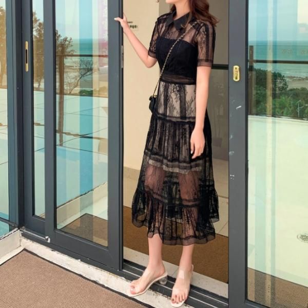 大特価】ブラック クロシェレース 総レース 半袖 襟付き