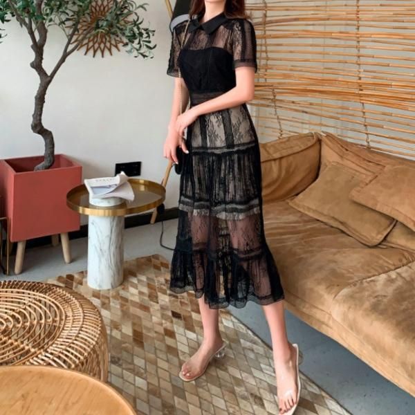 大特価】ブラック クロシェレース 総レース 半袖 襟付き