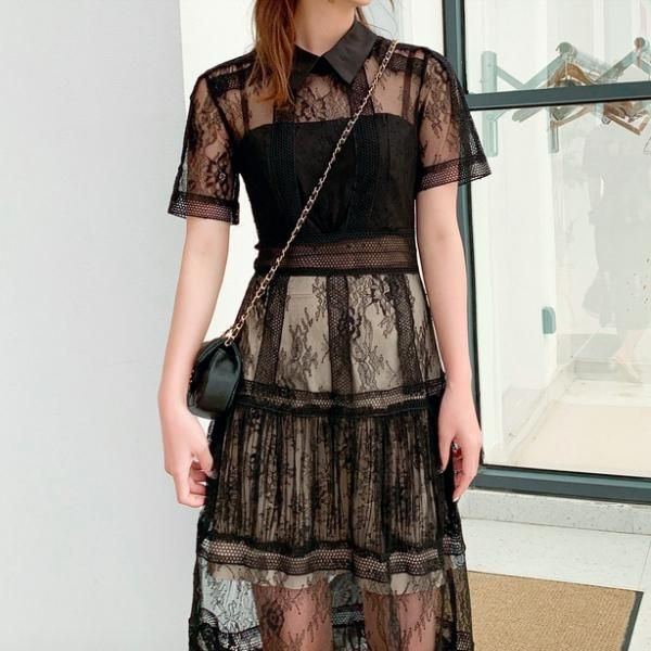 大特価】ブラック クロシェレース 総レース 半袖 襟付き