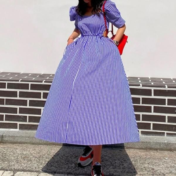 【BPN】編み上げリボン半袖パフスリーブワンピース【ストライプ/ボーダー】 BPN】編み上げリボン半袖パフスリーブワンピース【ストライプ