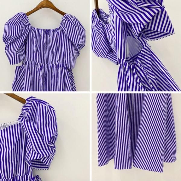 【BPN】編み上げリボン半袖パフスリーブワンピース【ストライプ/ボーダー】 BPN】編み上げリボン半袖パフスリーブワンピース【ストライプ