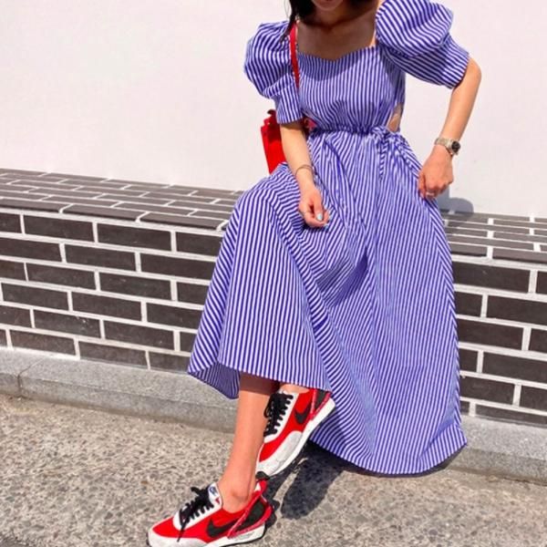 【BPN】編み上げリボン半袖パフスリーブワンピース【ストライプ/ボーダー】 BPN】編み上げリボン半袖パフスリーブワンピース【ストライプ