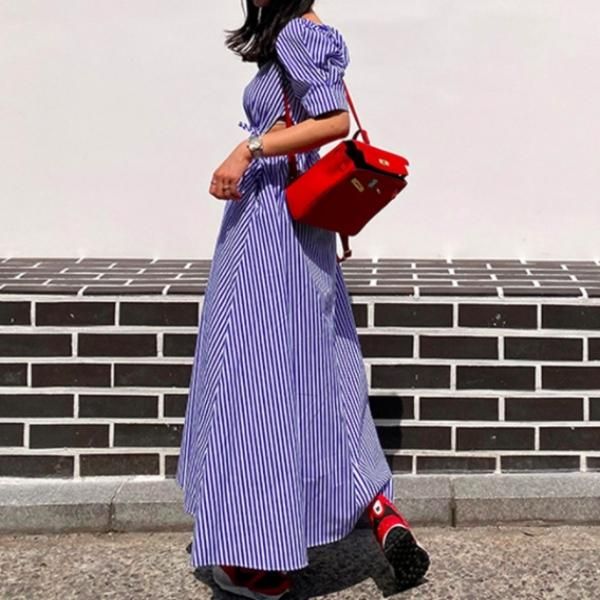 【BPN】編み上げリボン半袖パフスリーブワンピース【ストライプ/ボーダー】 BPN】編み上げリボン半袖パフスリーブワンピース【ストライプ