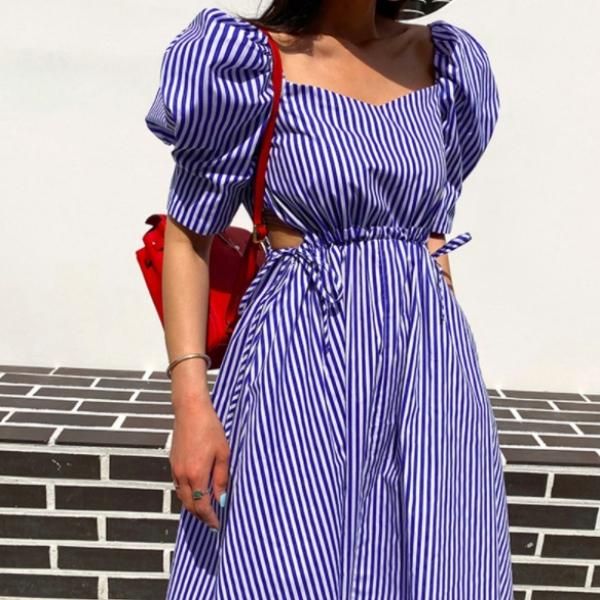 【BPN】編み上げリボン半袖パフスリーブワンピース【ストライプ/ボーダー】 BPN】編み上げリボン半袖パフスリーブワンピース【ストライプ