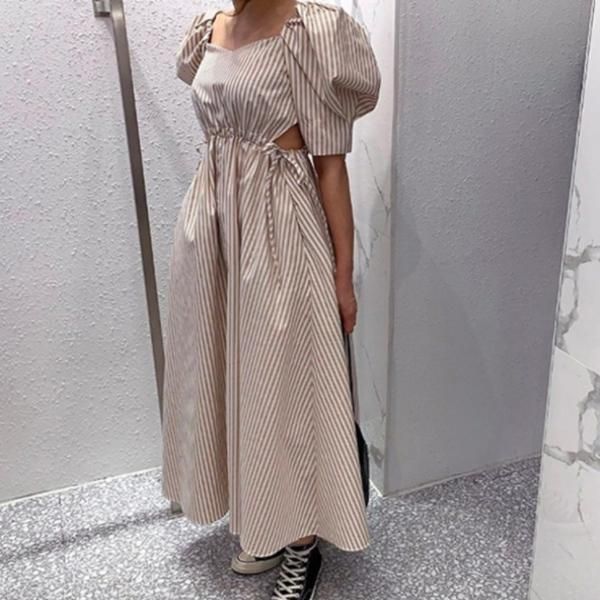 【BPN】編み上げリボン半袖パフスリーブワンピース【ストライプ/ボーダー】 BPN】編み上げリボン半袖パフスリーブワンピース【ストライプ