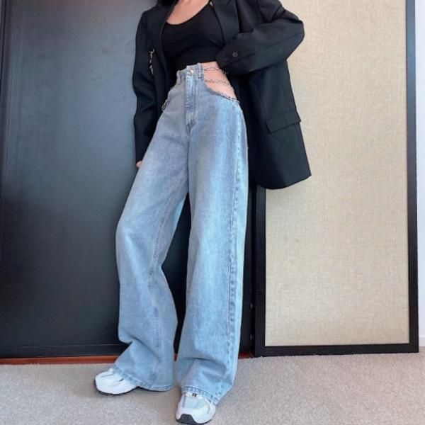 カットアウトリボンデニムパンツ　ライトブルー デニム パンツ ワイド リボン ガーリー ライトブルー カジュアル