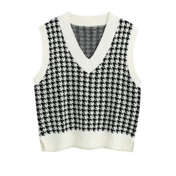 大特価】4色展開 千鳥格子柄 Vネック ニットベスト タンクトップ