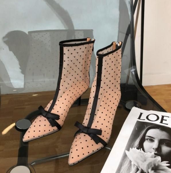 ドット柄シースルーショートブーツ 大特価】3色展開 ドット柄 水玉柄 プチリボン シースルー ポイン