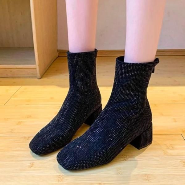 大特価】ブラック キラキラ ラインストーン スクエアトゥ