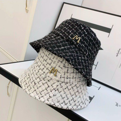 【大特価】2色展開 ブラック ホワイト Mロゴモチーフ ツイード調 チェック柄 バケハ バケットハット 帽子 韓国 インポート 通販
