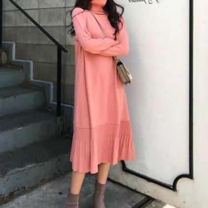 美品 プリーツプリーズ ロングワンピース ハイネック 長袖