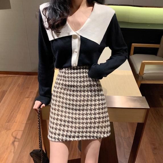 千鳥格子 ハイウエストミニスカート 2色展開 大特価】2色展開 千鳥格子柄 ハイウエストミニスカート