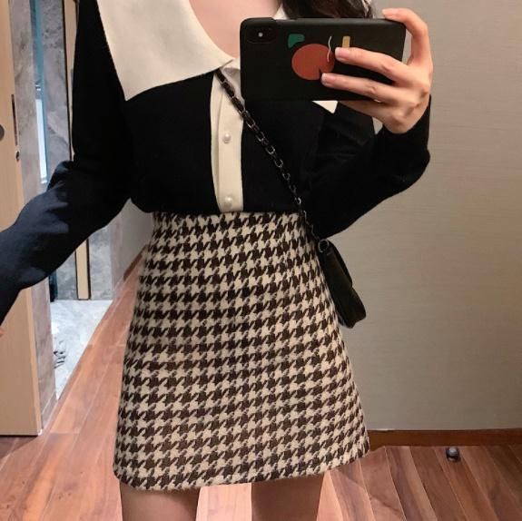 千鳥格子 ハイウエストミニスカート 2色展開 大特価】2色展開 千鳥格子柄 ハイウエストミニスカート