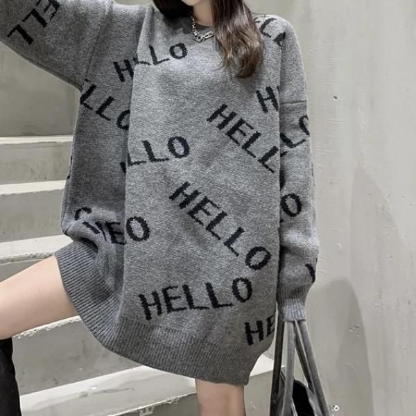 大特価】グレー HELLO 総柄 ロゴデザイン オーバーサイズ ニット 大特価】グレー HELLO 総柄 ロゴデザイン オーバーサイズ ニット