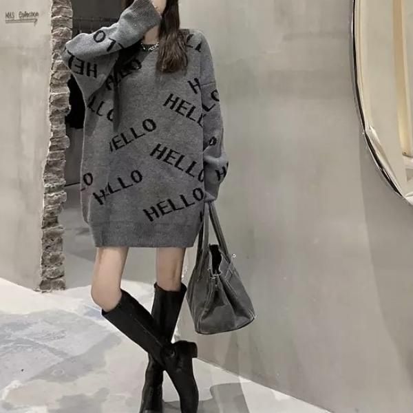 大特価】グレー HELLO 総柄 ロゴデザイン オーバーサイズ ニット