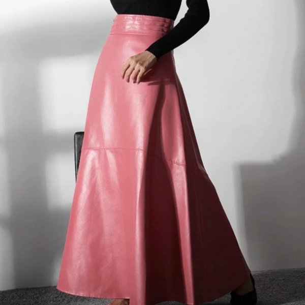 【大特価】ピンク フェイクレザー 合皮 Aライン フレアスカート マキシスカート レザースカート ロングスカート 韓国