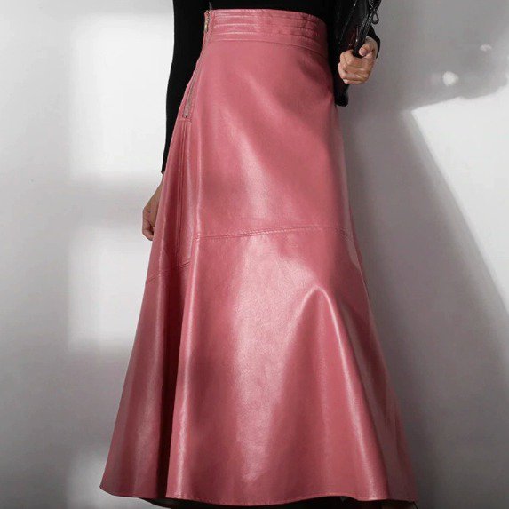 【大特価】ピンク フェイクレザー 合皮 Aライン フレアスカート マキシスカート レザースカート ロングスカート 韓国