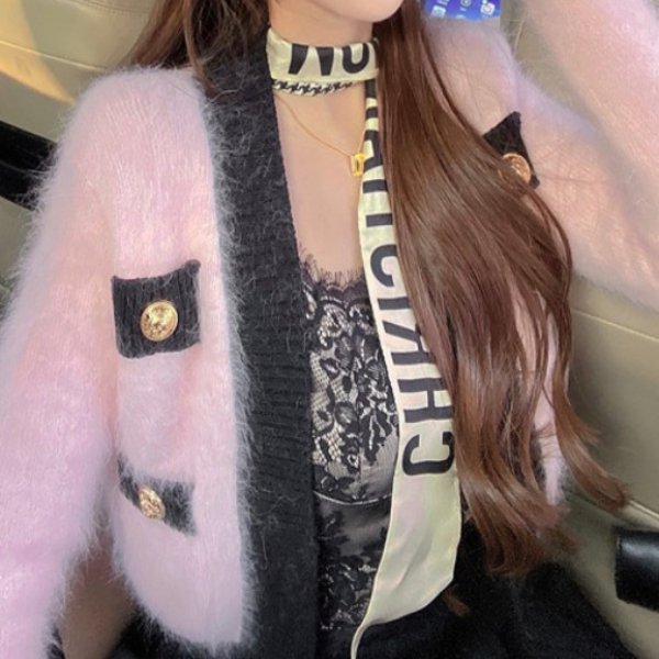 【大特価】ピンクxブラック バイカラー ダブルポケット モヘア フェイクファー ノーカラー ニットカーディガン セーター 韓国