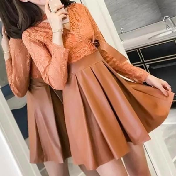 大特価】2色展開 フェイクレザー 合皮 クロシェレース Vネック