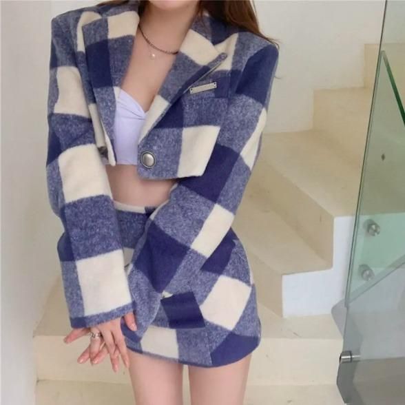 大特価】ブルー ブロック柄 プレイド チェック柄 クロップド