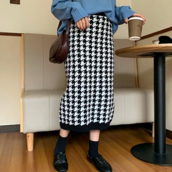 大特価】2色展開 千鳥格子柄 ニットスカート ペンシルスカート