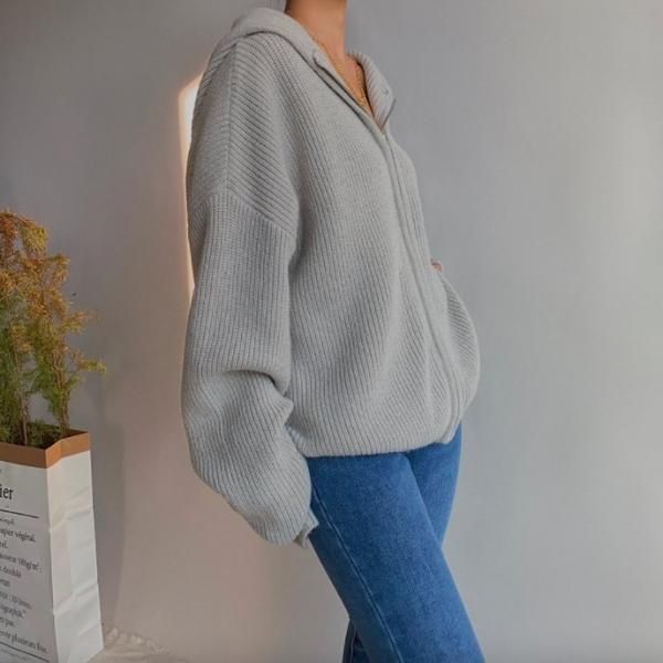 大特価】ライトグレー 無地 シンプル リブニットパーカー