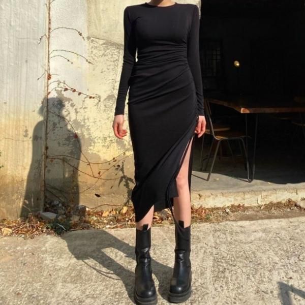大特価 2色展開 無地 シンプル クルーネック サイドスリット ロングワンピース タイトワンピース サイドリボン インポート 通販 大特価 2色展開 無地 シンプル クルーネック サイドスリット ロングワンピース タイトワンピース サイドリボン インポート 通販