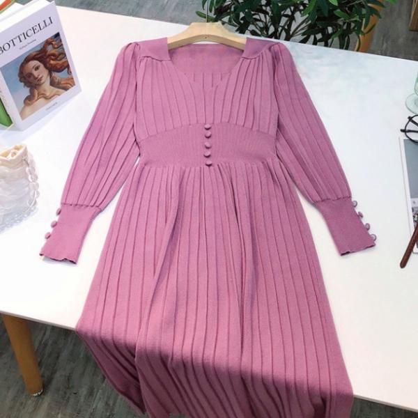 大特価】5色展開 フロントボタン Vネック プリーツデザイン 長袖