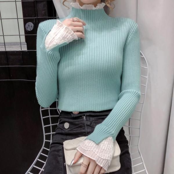 大特価】3色展開 ラッフルフリル レイヤード 重ね着風 レース袖