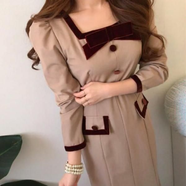 マタニティ・授乳服】袖リボンスクエアワンピース Brown