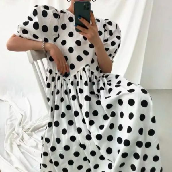 ワンピース ドット柄 ロング パフスリーブ クルーネック 半袖 楽天市場】パフスリーブ ワンピース（柄ドット・水玉）の通販