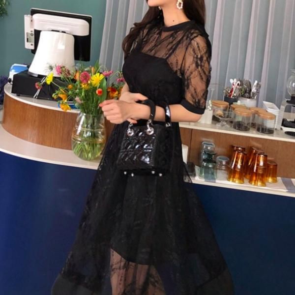 大特価】2色展開 クロシェレース 総レース シースルー 半袖 A