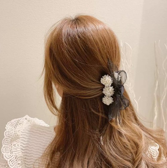 【大特価】2サイズ フェイクパールビーズ リボン チュールレース バレッタ ヘアピン ヘアクリップ バンスクリップ パールヘアアクセサリー