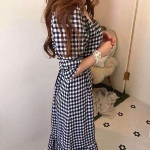 大特価】2色展開 ギンガムチェック柄 スクエアネック 半袖