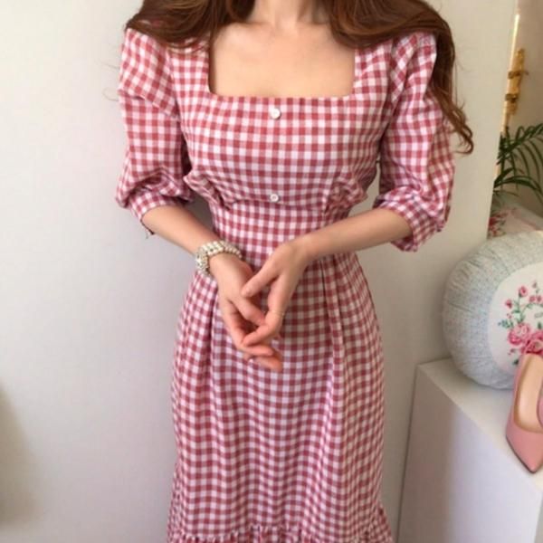 大特価】2色展開 ギンガムチェック柄 スクエアネック 半袖