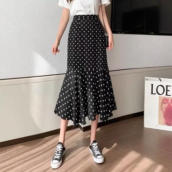 大特価 2色展開 ドット柄 水玉柄 タイトスカート マーメイドスカート 裾フリル ラッフルフリル ペンシルスカート 韓国 大特価 2色展開 ドット柄 水玉柄 タイトスカート マーメイドスカート 裾フリル ラッフルフリル ペンシルスカート 韓国