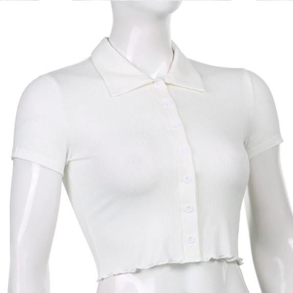 大特価】ホワイト リブデザイン 無地 シンプル 襟付き フロント