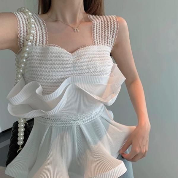 大特価】ホワイト クロシェレース プリーツ 立体フリル ペプラム