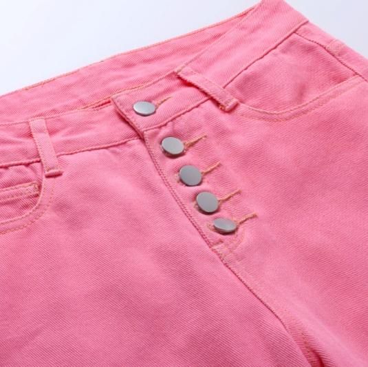 大特価】ピンク フロントボタン ブロークン ダメージ加工