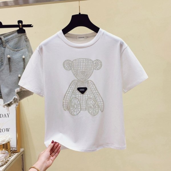 【大特価】3色展開 ラインストーン キラキラ テディベアプリント くまさん くまプリント Tシャツ 半袖 トップス カットソー 韓国 インポート 通販