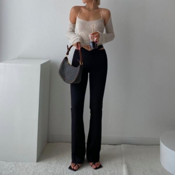 OPEN YY ユニークデザイン フレアパンツ 黒 AMBIDEX Store △ 〇キュプラシワサテン レイヤードパンツ (F