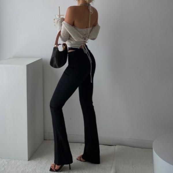 OPEN YY ユニークデザイン フレアパンツ 黒 大特価】2色展開 ブラック ブルー 無地 シンプル サイドカット