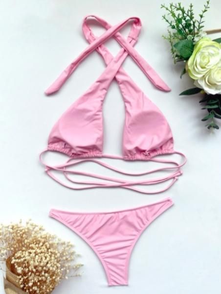 大特価】ピンク 無地 シンプル クロスストラップ ホルターネックビキニ