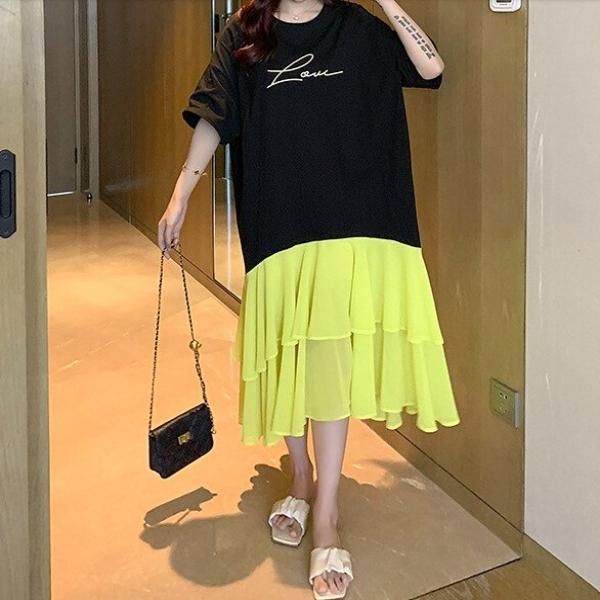 大特価】ブラックxグリーン love フロントロゴ ティアードフリル