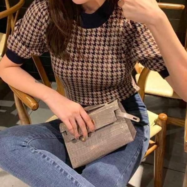 ニットウールセーター ラウンドネック 千鳥格子 ルーズ 韓国系 千鳥格子 セーター ニット ラウンドネック ルーズ 黒 韓国 M~XL