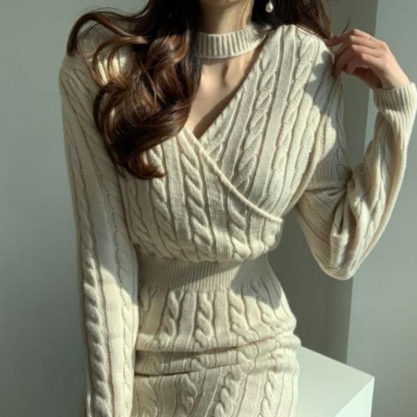 タイト ケーブル ニット ワンピース 2way カシュクール スリット タイト ワンピース 2way カシュクール ケーブル ニット スリット