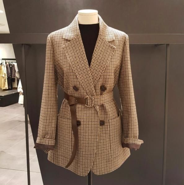 大特価】ブラウン チェック柄 ウエストベルト ダブルブレスト ダブル
