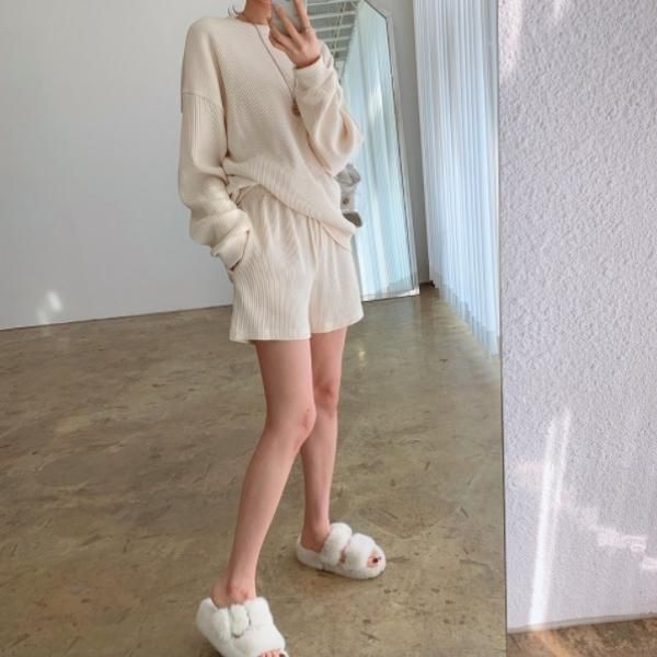 boohoo ワッフル レイヤー ロンT & ショートパンツ セットアップ 大特価】5色展開 無地 シンプル ワッフルデザイン 長袖 ロンT