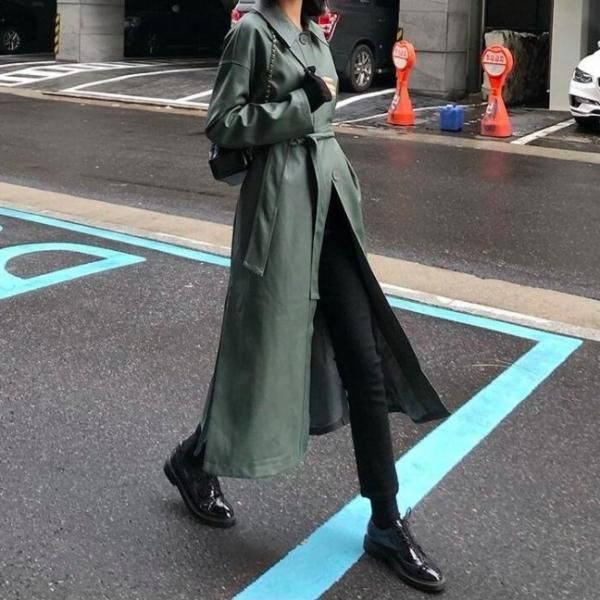 レザー ロング トレンチコート 2色 スエード 韓国 秋冬 nr1634 DRESS+ トレンチコート レディース ロングコート 膝下丈 2way 春